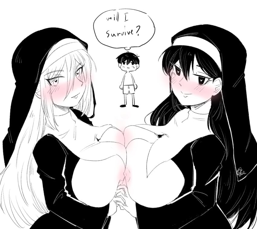 1boy 2girls aubrey_(omori) big_breasts blush breasts breasts_out female heart-shaped_pupils male mari_(omori) misafullmetal multiple_girls nun's_habit omori sunny_(omori)