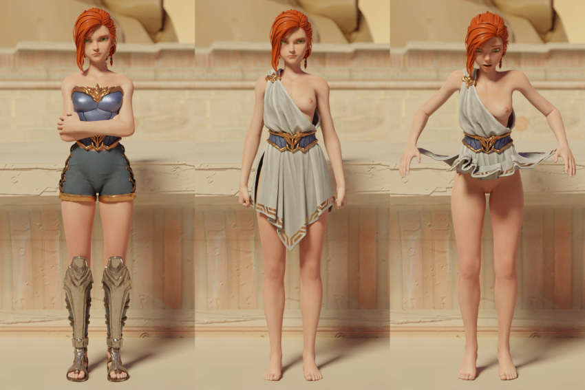 3d asterigos:_curse_of_the_stars clothed/nude dress_lift embarrassed_nude_female embarrassing_outfit enf exposed_breasts exposed_pussy ginger greek_clothes green_eyes hilda_(asterigos) nipples red_hair reluctant revealing_clothes robe sequence trying_on_clothes