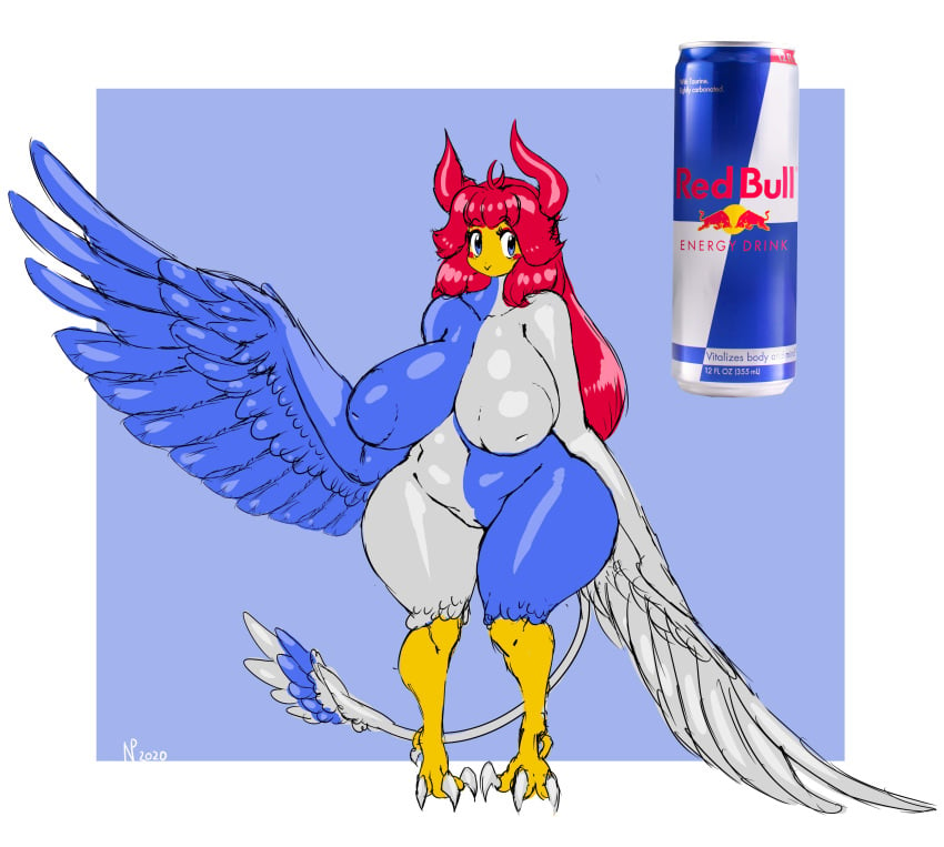 2020 absurd_res avian avian_feet beverage_can blue_body breasts female gausscannon genitals hair hi_res horn inverted_nipples nipples nude pussy red_bull red_hair soda_girl_(species) solo standing tail white_body wings