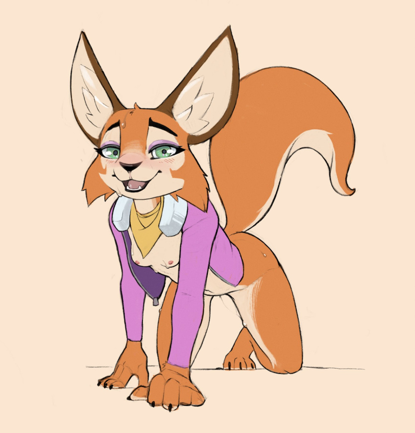 all_fours anthro big_ears bodily_fluids bottomless breasts canid canine cheek_tuft clothed clothing facial_tuft female fluffy fluffy_tail fox fur genital_fluids hi_res inner_ear_fluff jacket looking_at_viewer mammal meika_(rimba_racer) narley neckerchief nipples open_clothing open_jacket open_topwear orange_body orange_fur pussy_juice pussy_juice_string raised_tail small_breasts smile solo tail topwear tuft