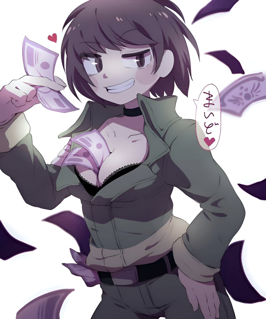 2d 2d_(artwork) 2d_artwork blush bra breasts breasts_out_of_clothes breasts_outside brown_eyes brown_hair chara choker color green_clothing hand_on_thigh lari_ut money smile storyshift storyshift_chara swapfell swapfell_chara tagme text translation_request undertale undertale_(series) undertale_au