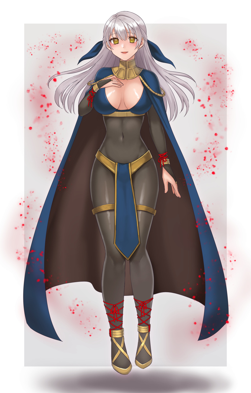 1girls :d absurdres alternate_costume aura blue_cape bodystocking border bracelet breasts bridal_gauntlets cape cleavage covered_navel dark_aura female female_only fire_emblem fire_emblem:_radiant_dawn fire_emblem_awakening full_body grey_hair hair_ribbon half_updo hand_on_own_chest hazuki_(nyorosuke) highres jewelry large_breasts long_hair looking_at_viewer micaiah_(fire_emblem) midriff nintendo official_alternate_costume open_mouth pelvic_curtain ribbon silver_hair simple_background skin_tight smile solo transformation two-tone_cape white_border yellow_eyes