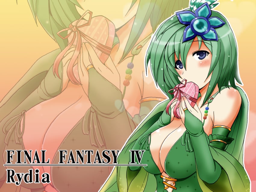 breasts character_name chocolate cleavage female female_only final_fantasy final_fantasy_iv green_hair human oppai rydia solo title_drop wallpaper yasakani_an zoom_layer