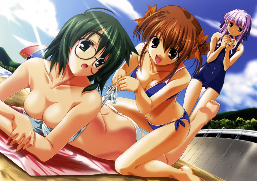 bandeau barefoot beach bikini breasts brown_eyes brown_hair cleavage feet fumio glasses green_eyes green_hair high_res highres konishi_tamako lavender_hair lying megane mizugi multiple_girls on_stomach one-piece_swimsuit open_mouth purple_eyes sakura_chika school_swimsuit setouchi_aoi short_hair side-tie_bikini sorauta sukumizu swimsuit tied_hair tubetop twintails untied