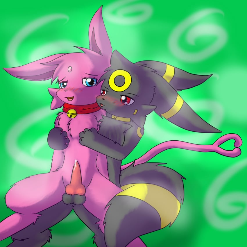 2014 blush blushes cum eeveelution espeon from_behind fur furry_ears furry_tail heart male nintendo penis pokemon precum senz tail umbreon video_games