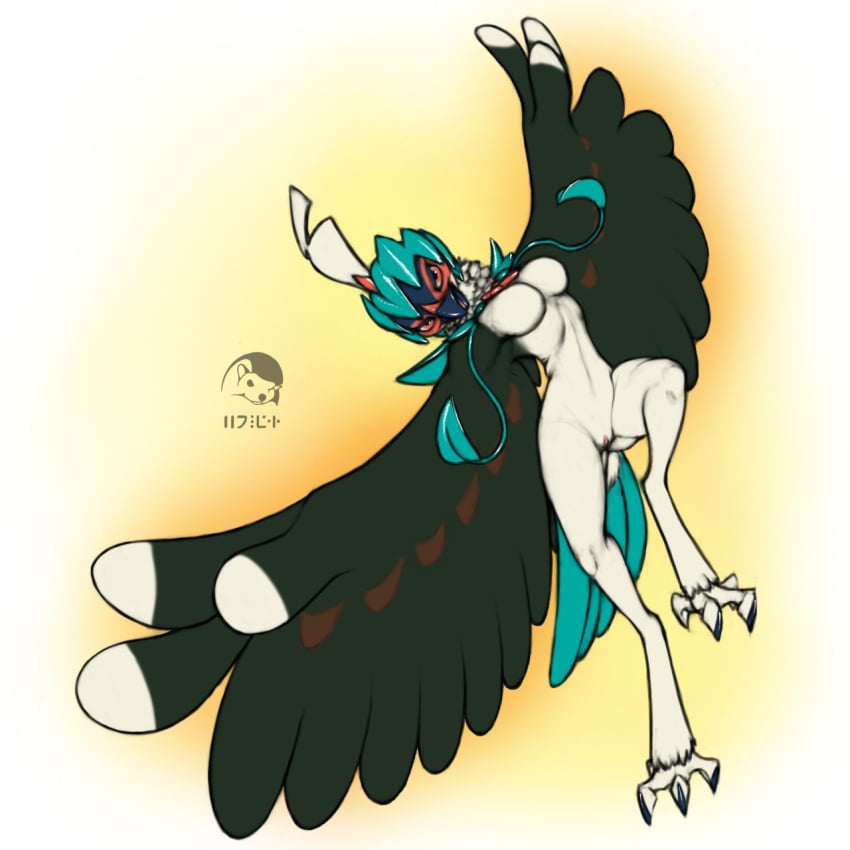 1girls alternate_color anthro anthrofied avian beak breasts claws decidueye digitigrade feathers feet female female_decidueye female_only flying half-closed_eyes looking_at_viewer nintendo no_nipples nude open_mouth orange_eyes pokémon_(species) pokemon pokemon_sm pussy shiny_pokemon solo video_games watermark wide_hips winged_arms wings yojek163