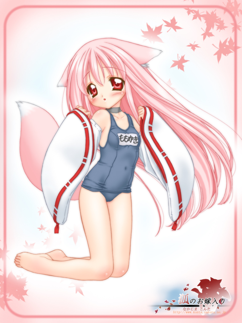 animal_ears collar fox_ear fox_ears fox_tail high_res highres japanese_clothes miko mizugi momoyuki_(snow_fox) nakajima_konta one-piece_swimsuit pink_hair red_eyes school_swimsuit snow_fox sukumizu swimsuit tail wafuku