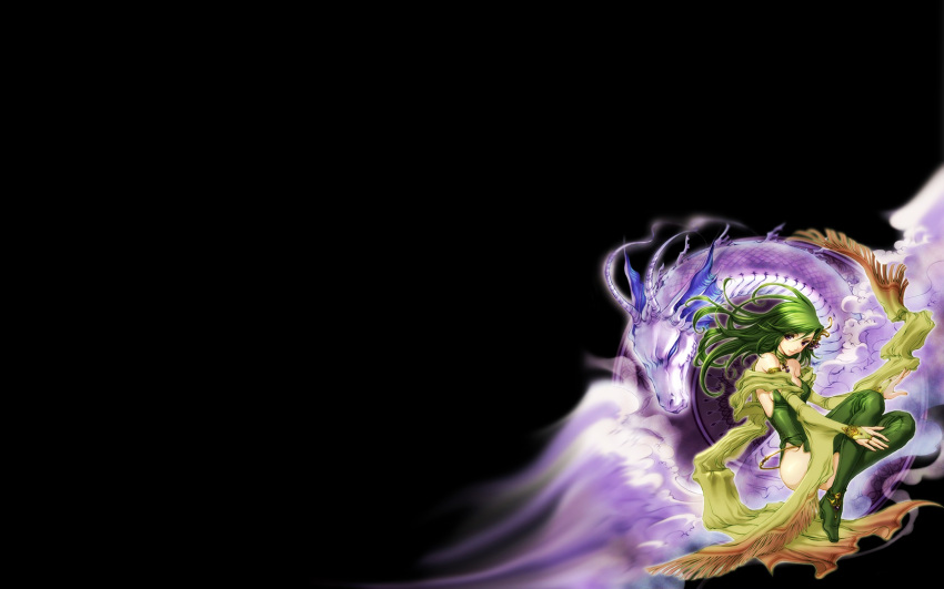 detached_sleeves dragon final_fantasy final_fantasy_iv green_hair highres long_hair mist_dragon rydia sitting thighhighs wallpaper