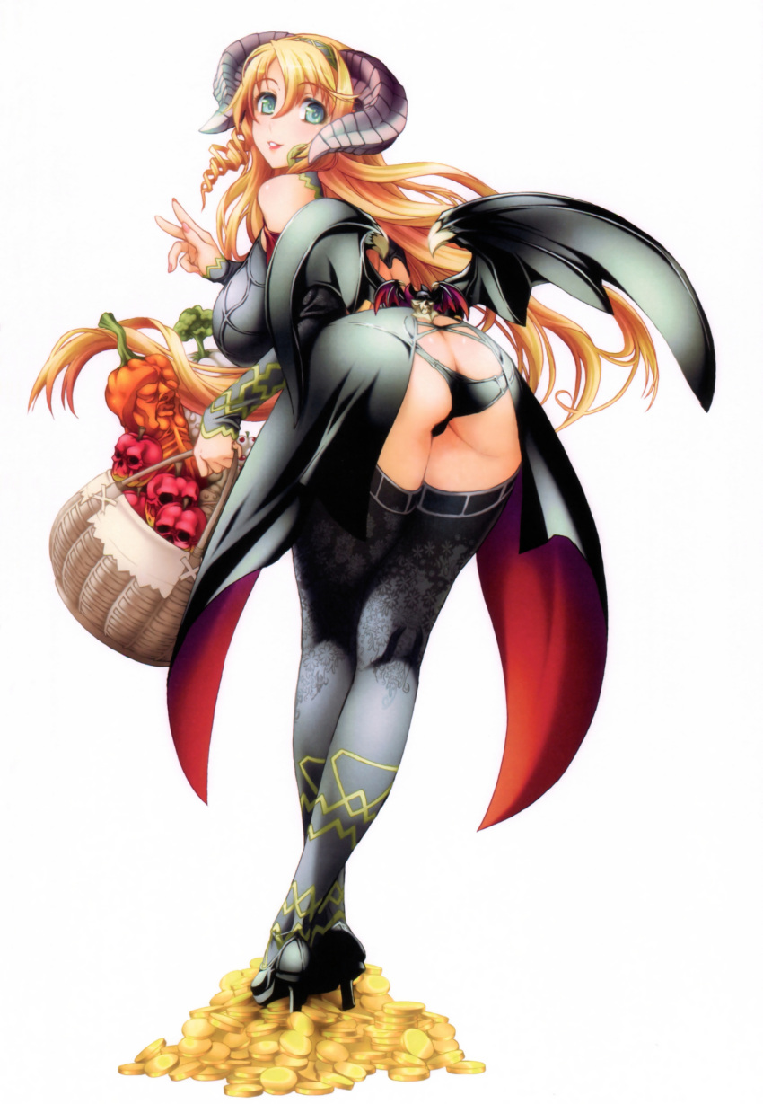 ass bare_shoulders basket black_footwear black_panties black_thighhighs black_wings blonde_hair butt_crack coin damnedrive demon_girl demon_horns demon_wings drill_hair from_behind full_body green_eyes hairband high_heels highres horns huge_breasts large_breasts legs_together long_hair looking_at_viewer lowleg mammon_(nanatsu_no_taizai) mature_female monster_girl nishii_(nitroplus) official_art panties parted_lips pink_lipstick plump scan shoes sin_nanatsu_no_taizai smile solo_female standing thighhighs vegetable white_background wings