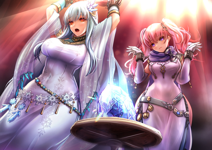 2girls alternate_costume arms_up auction bangs bare_thighs blue_hair bondage bound breasts broken_weapon chains covered_navel cracks dress elbow_gloves female female_only femsub fire_emblem fire_emblem:_the_blazing_blade fire_emblem_heroes from_below gloves hourglass_figure indoors large_breasts long_hair looking_at_viewer looking_down medium_breasts medium_hair miyakura_haruto multiple_girls multiple_subs ninian_(fire_emblem) ninian_(resplendent)_(fire_emblem) nintendo official_alternate_costume open_mouth pink_hair purple_eyes red_eyes restrained serra_(fire_emblem) slave stone table thick_thighs thighs twintails weapon wide_hips