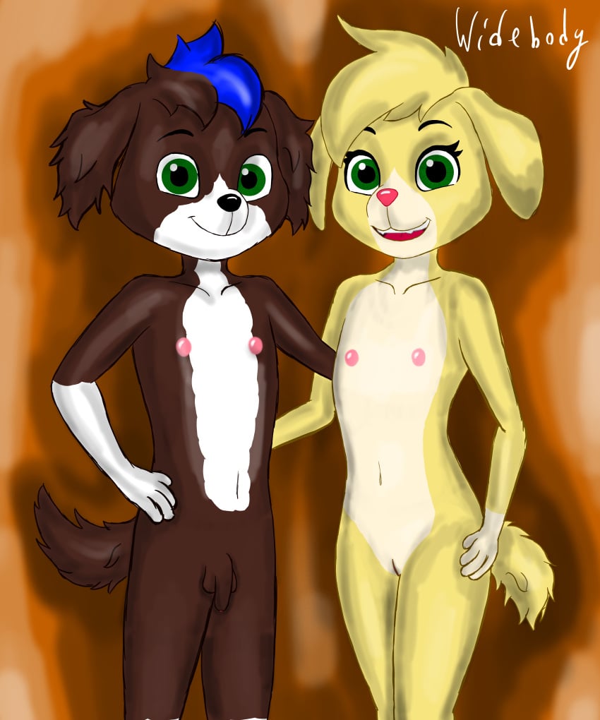 absurd_res anthro balls bird_dog blonde_hair blue_hair brown_body brown_fur canid canine canis domestic_dog duo ella_(paw_patrol) female fur genitals golden_retriever green_eyes hair hi_res hunting_dog looking_at_viewer male mammal moby_(paw_patrol) mobywidebody nipples nude open_mouth paw_patrol penis portuguese_water_dog pussy retriever yellow_body yellow_fur young