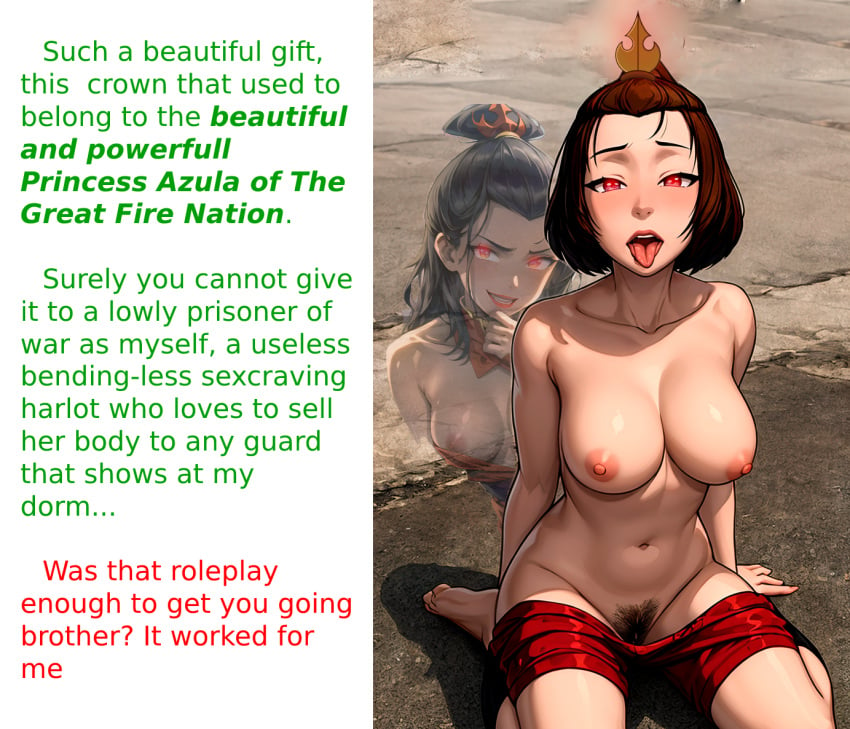 2girls ai_generated avatar_legends avatar_the_last_airbender azula breasts_out crown cursed_item edit english_text exposed_pussy female glowing_eyes laying_on_floor open_mouth possessed possession pubic_hair self_degradation sitting_down skirt_down submissive submissive_female suki text topless topless_female