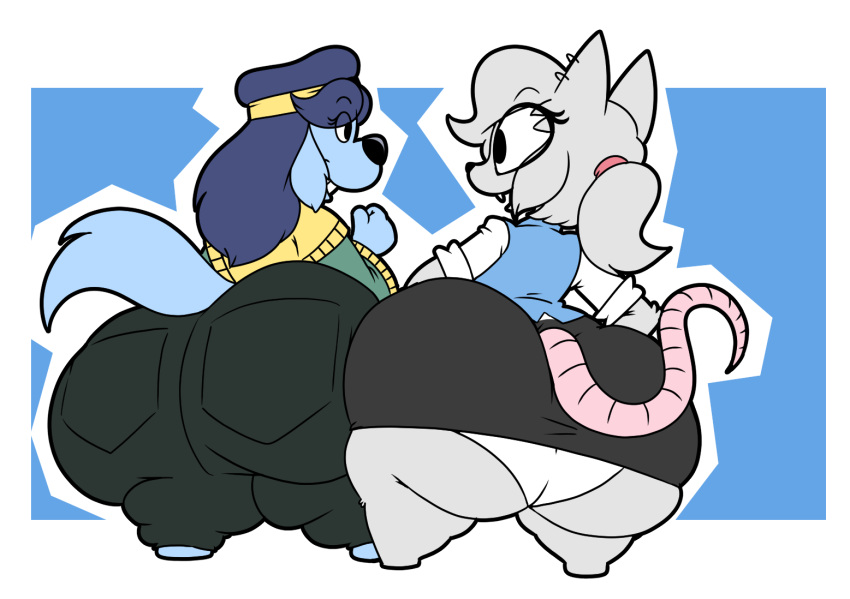 2girls anthro ass ass-to-ass ass_to_ass back_view blue_fur blue_hair butt_bump canine canine canine_humanoid elisa_(maddeku) fawxen female female_focus female_only furry grey_fur grey_hair hairband hips hyper hyper_ass large_ass lita_(fawxen) looking_at_viewer panties ponytail rat rodent rodent_humanoid shortstack skirt skirt_up thick_thighs thighs underwear wide_hips