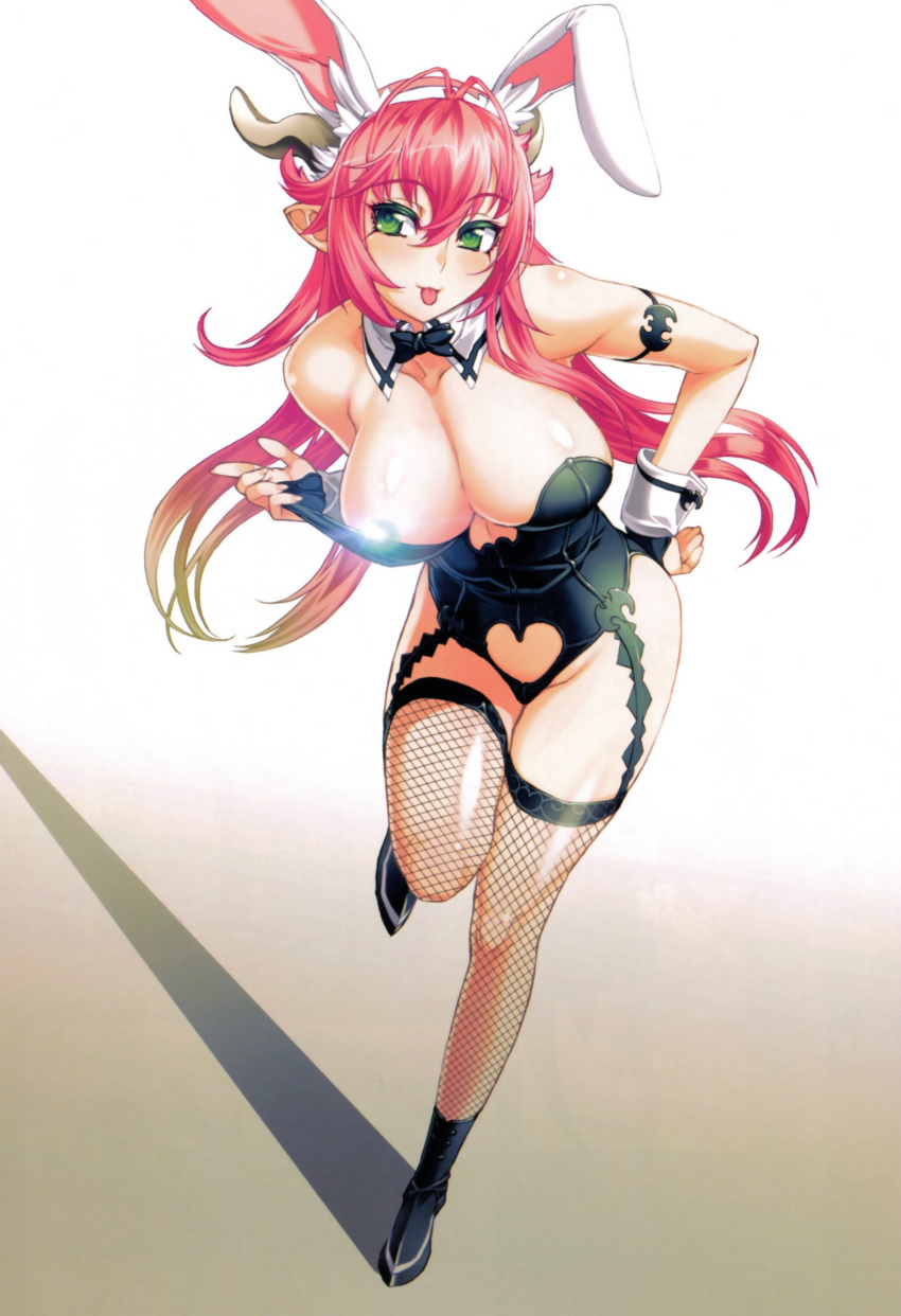 asmodeus_(nanatsu_no_taizai) bowtie bunny_girl censored cleavage clothing_cutout damnedrive demon_girl demon_horns fake_animal_ears fishnet_legwear fishnet_thighhighs garter_straps gloves green_eyes heart_cutout highres horns huge_breasts large_breasts lens_flare leotard long_hair monster_girl nishii_(nitroplus) official_art pink_hair playboy_bunny pointy_ears shoes simple_background sin_nanatsu_no_taizai solo_female suggestive_look thighhighs tongue_out wrist_cuffs