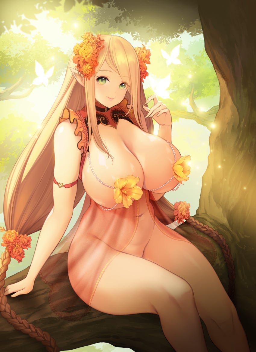 1girls 2022 absurd_res blonde_hair bottomless braid breasts butterfly clothing elf female female_only flower forest green_eyes hair_flower hair_ornament highres huge_breasts in_tree insects long_ears long_hair looking_at_viewer low-tied_long_hair nature navel no_panties on_tree orange_flower original outdoors plant pointy_ears revealing_clothes see-through see-through_clothing sitting sitting_in_tree smile solo thick_thighs thighs tied_hair toriseru_(thesuperhero) tree twin_braids very_long_hair yellow_flower