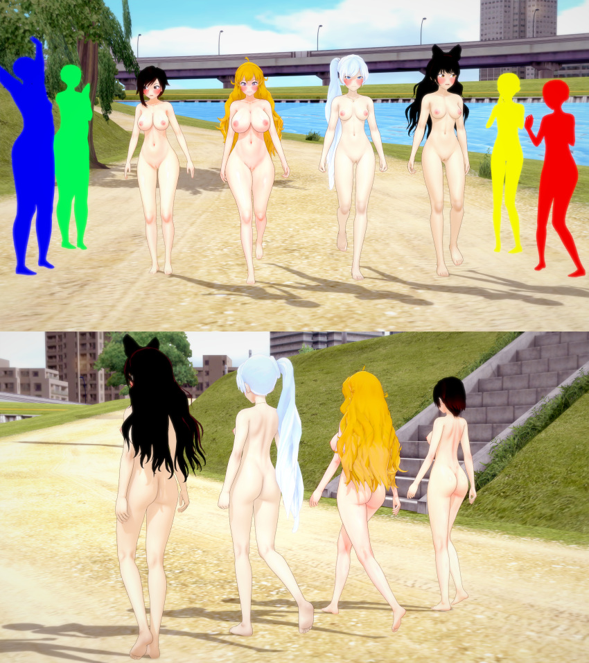 3d 4girls ass barefoot black_hair blake_belladonna blonde_hair blush breasts completely_nude completely_nude_female embarrassed embarrassed_nude_female enf exhibitionism female female_only human long_hair multiple_girls navel nipples nude nude_female pale_skin public public_nudity pussy retropunch ruby_rose rwby short_hair side_ponytail team_rwby weiss_schnee white_hair yang_xiao_long