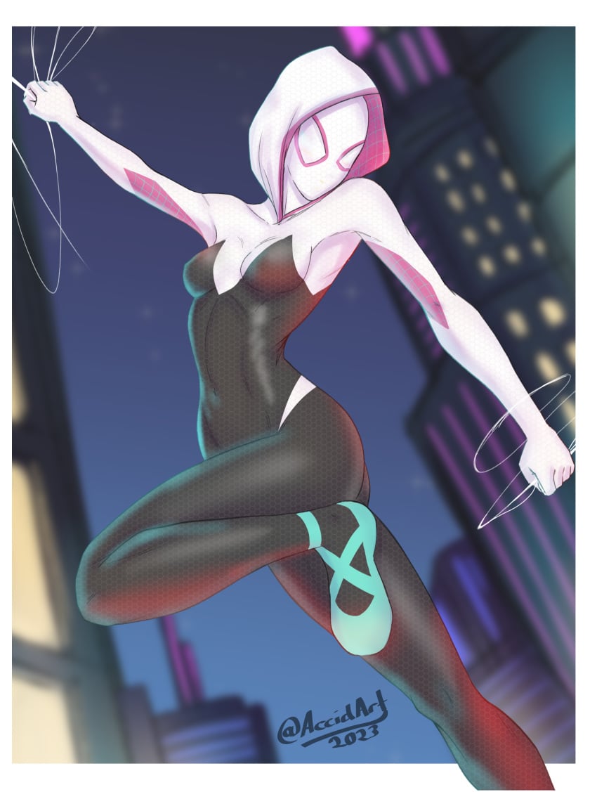 1girls accidart blonde_hair blue_eyes blurred_background bodysuit breasts gwen_stacy highres hoodie light-skinned_female light_skin marvel marvel_comics mask masked_female short_hair spider-gwen spider-man:_into_the_spider-verse spider-man_(series)