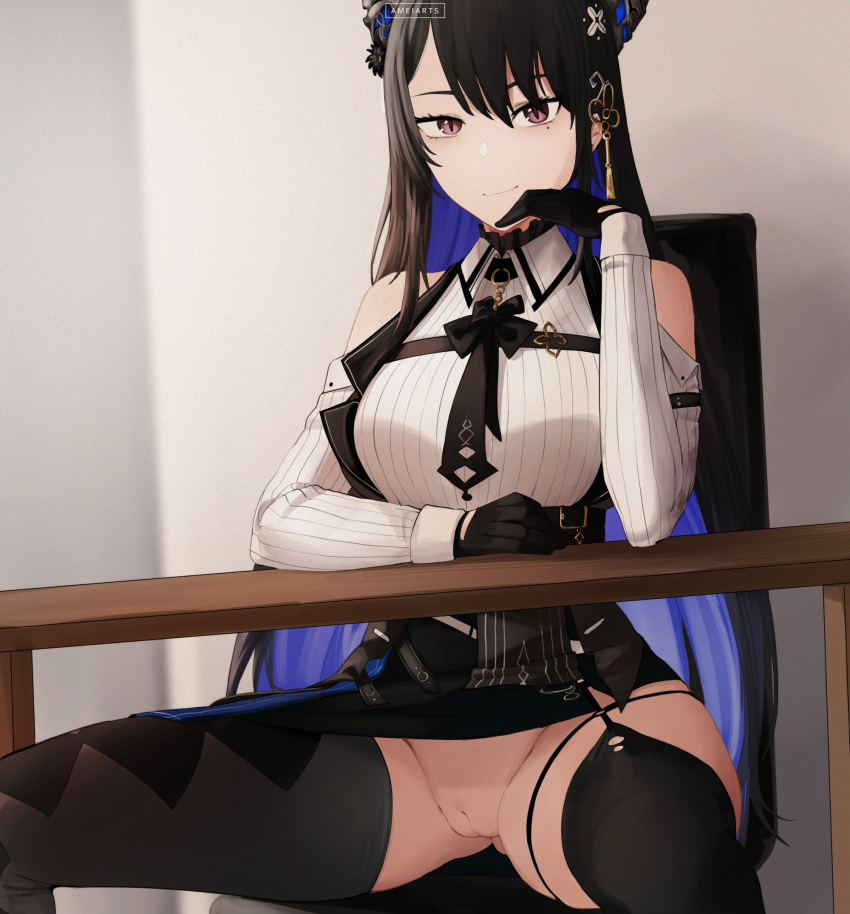 ameiarts black_hair blue_hair breasts colored_inner_hair female garter_straps highres hololive hololive_english hololive_english_-advent- horns large_breasts long_hair looking_at_viewer mole mole_under_eye multicolored_hair nerissa_ravencroft no_panties pussy red_eyes smile solo spread_legs thighhighs uncensored virtual_youtuber