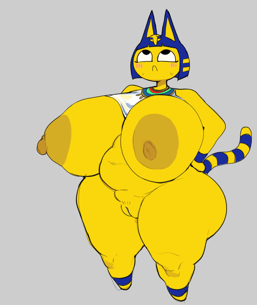 2021 alternate_version_at_source animal_crossing ankha ankha_(animal_crossing) anthro areola belly big_areola big_breasts big_nipples biped blue_hair blush bob_cut bodily_fluids breasts cham22 clothing digital_drawing_(artwork) digital_media_(artwork) domestic_cat featureless_feet felid feline felis female full-length_portrait genitals grey_background hair hand_on_hip hi_res huge_areola huge_breasts huge_hips huge_nipples huge_thighs hyper hyper_breasts looking_away looking_up mammal markings mostly_nude navel nintendo nipples nude overweight overweight_anthro overweight_female portrait pubic_stubble puffy_nipples pussy short_stack simple_background solo standing striped_markings striped_tail stripes sweat tail tail_markings thick_thighs three-quarter_view topwear uraeus yellow_body