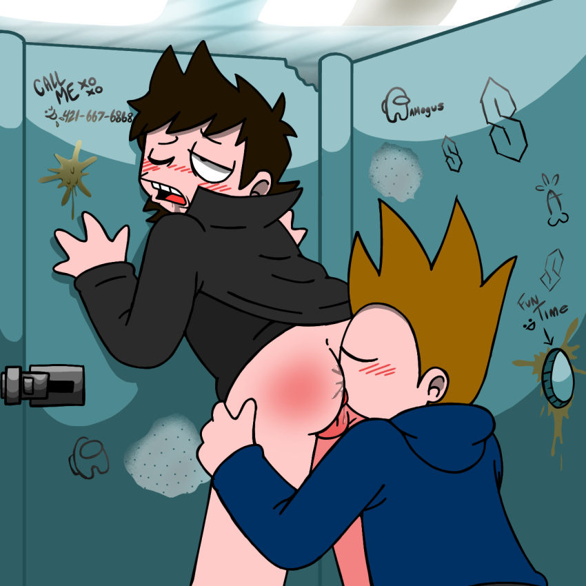 ass background balls ballsack bar_(place) bathroom bathroom_sex bathroom_stall black_coat black_hoodie blue_hoodie blush brown_hair dark_brown_hair dirty dirty_bathroom drool drooling drunk drunk_sex eating_ass eddsworld eyes_rolling_back gay gay_sex glory_hole hair_horns half_naked hands_on_hips hands_on_wall hole_in_wall innersloth justsomedude licking licking_ass light lights male male_ass phone_number public public_restroom public_sex rimjob rimming rimming_male spiked_hair tom_(eddsworld) tongue_out tord_(eddsworld) writing writing_on_wall