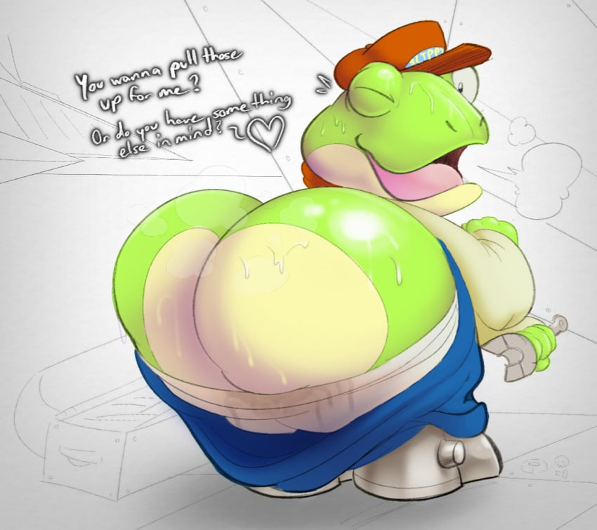 <3 1boy 2023 amphibian anthro ass ass_focus bastardpalace big_ass big_butt bodily_fluids bottomwear bottomwear_down breath butt butt_focus clothed clothing dialogue english_text frog furry glistening glistening_butt green_body hat headgear headwear heart holding_object holding_tool holding_wrench looking_at_viewer looking_back looking_back_at_viewer male male_only nintendo one_eye_closed open_mouth pants pants_down partially_clothed presenting_hindquarters slippy_toad solo solo_male star_fox sweat sweating sweaty sweaty_ass sweaty_butt talking_to_viewer text toad tongue tools toony underwear underwear_down wrench