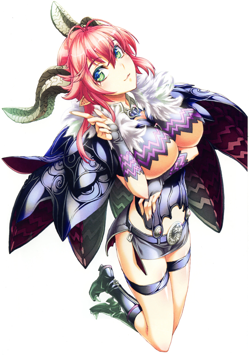 antenna_hair asmodeus_(nanatsu_no_taizai) belt boots breast_hold bridal_gauntlets covered_erect_nipples covered_nipples damnedrive demon_girl demon_horns fingernails full_body fur_trim green_eyes hand_up highres horns huge_breasts index_finger_raised knee_boots large_breasts long_hair miniskirt monster_girl nishii_(nitroplus) official_art pink_hair pointy_ears simple_background sin_nanatsu_no_taizai skirt thigh_strap thighs underboob white_background