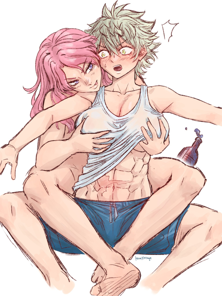 2girls abs asta_(black_clover) black_clover color female_only fondling_breast grabbing_breasts green_eyes honexstage large_breasts legs_wrapped_around_partner light-skinned_female long_hair multiple_girls muscular_female pink_hair purple_eyes reach_around rule_63 scar scar_on_stomach short_hair skwd swimming_trunks tank_top tank_top_lift teasing tongue_out underboob vanessa_enoteca white_background white_hair wine_bottle yuri