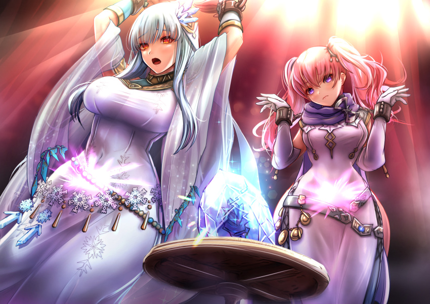 2girls alternate_costume arms_up auction bangs bare_thighs blue_hair bondage bound breasts broken_weapon chains covered_navel cracks dress elbow_gloves female female_only femsub fire_emblem fire_emblem:_the_blazing_blade fire_emblem_heroes from_below gloves glowing hourglass_figure indoors large_breasts long_hair looking_at_viewer looking_down medium_breasts medium_hair miyakura_haruto multiple_girls multiple_subs ninian_(fire_emblem) ninian_(resplendent)_(fire_emblem) nintendo official_alternate_costume open_mouth pink_hair pubic_tattoo purple_eyes red_eyes restrained serra_(fire_emblem) slave stone table tattoo thick_thighs thighs twintails weapon wide_hips