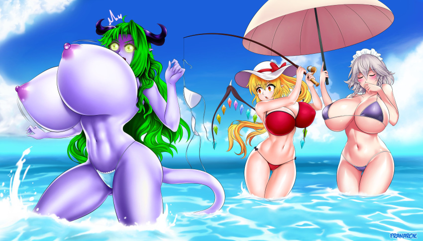 3girls alternate_breast_size blizzard_entertainment blonde_hair blue_skin draenei flandre_scarlet franarok gigantic_breasts green_hair huge_breasts izayoi_sakuya light-skinned_female light_skin multiple_girls neira_(franarok) original_character sakuya_izayoi touhou warcraft white_hair world_of_warcraft