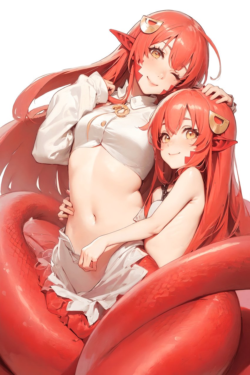 2girls ai_generated apode big_breasts breasts female female_focus female_only furr_app lamia long_hair looking_at_viewer miia miia_(monster_musume) monster_girl monster_musume monster_musume_no_iru_nichijou naga pointy_ears pose red_ears red_hair red_scales snake snake_girl solo solo_female solo_focus yellow_eyes yuri