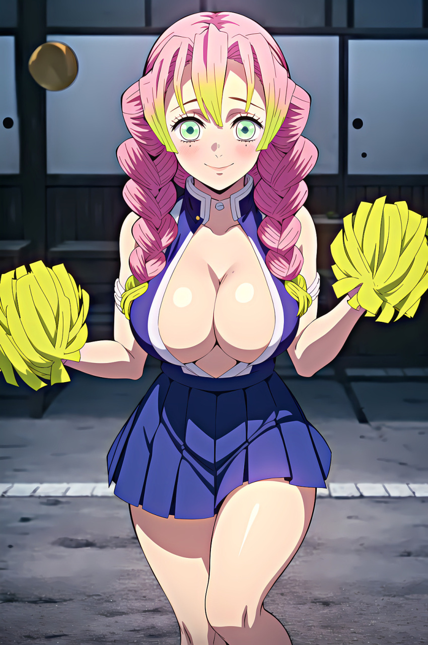 ai_generated big_breasts braid braided_hair braids breasts cheerleader cheerleader_outfit cheerleader_uniform demon_slayer green_eyes green_hair kanroji_mitsuri kimetsu_no_yaiba multicolored_hair pink_hair tbaanime two_tone_hair