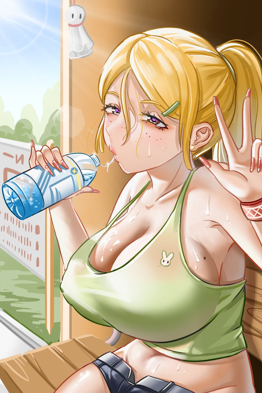 1girls big_breasts blonde_hair breasts busty cleavage curvaceous curvy curvy_body curvy_female curvy_figure drinking drinking_water female freckles heart-shaped_pupils huge_breasts large_breasts mengshen mole mole_on_breast original original_character peace_sign ponytail sports_bra voluptuous