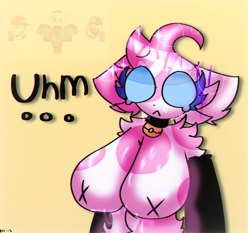 anthro bell_collar big_breasts black_sleeves blue_eyes cupid_cat floof floofy furry heart_floof heart_fluff nec-12 pink_body sweating tagme two_tone_body white_body x_breasts youtube