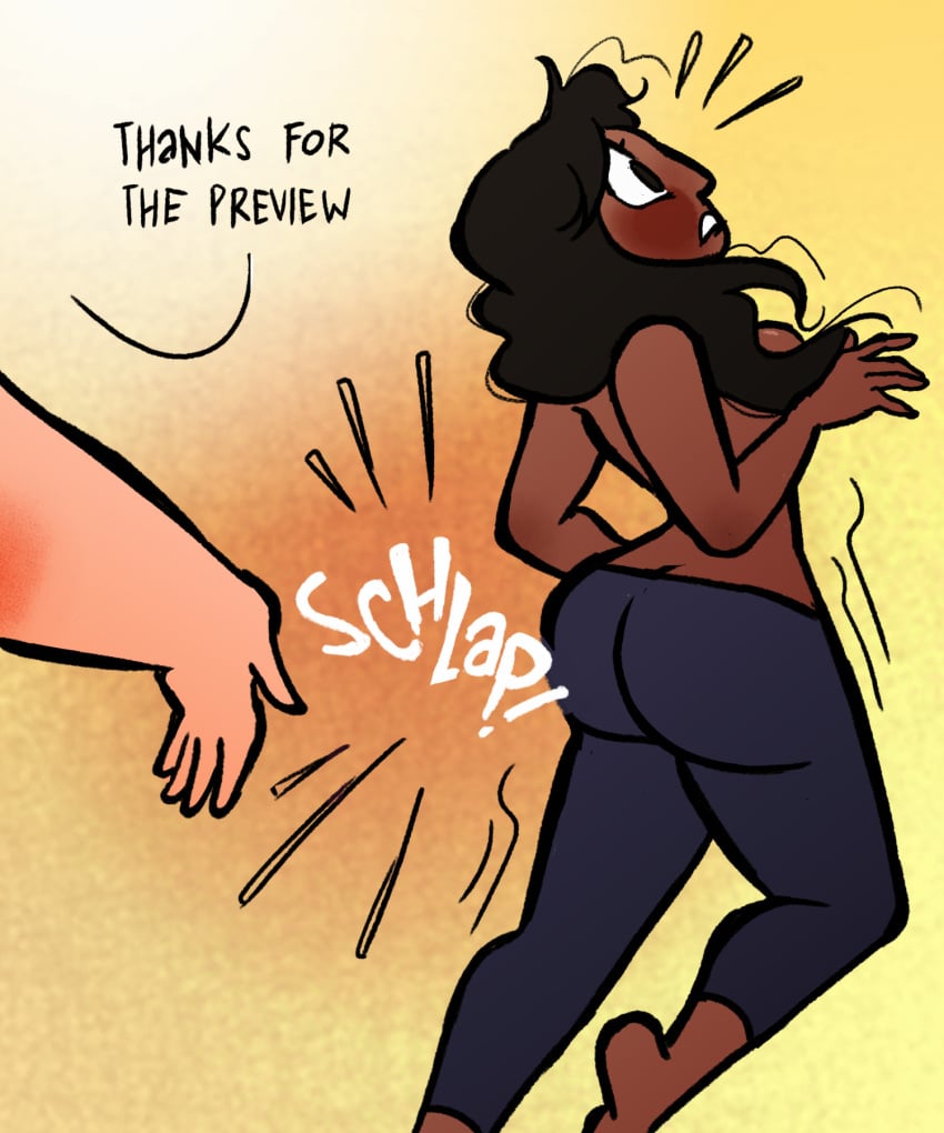 ass ass_slap blush connie_maheswaran dark-skinned_female hair_covering_breasts indian_female long_hair partial_male santan999 spanking steven_quartz_universe steven_universe surprised_expression text topless_female unseen_male_face