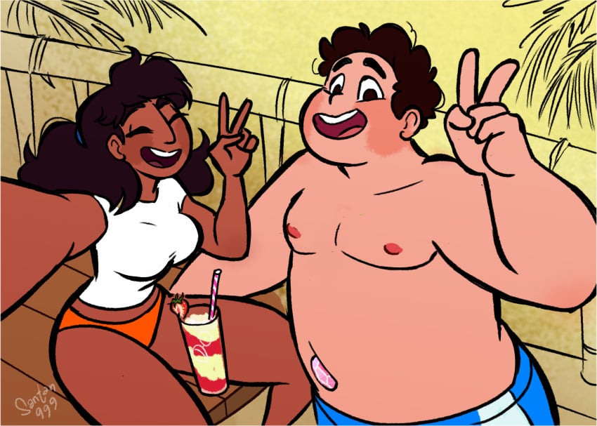 bigger_male bikini_bottom canon_couple chubby_male closed_eyes connie_maheswaran dark-skinned_female fat_man light-skinned_male peace_sign safe_for_work santan999 smiling_at_viewer steven_quartz_universe steven_universe thick_thighs topless wholesome