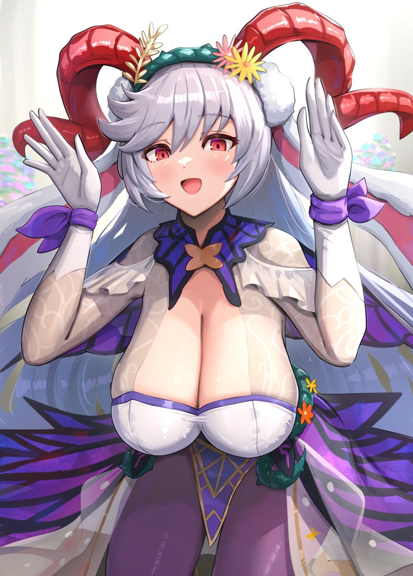 1girls absurdres alternate_costume animal_ears arms_up bangs blurry blurry_background blush bodystocking bow breasts bunny_ears bunny_girl bunnysuit cleavage cleavage_cutout clothing_cutout commentary cowboy_shot detached_collar fake_animal_ears female female_only fire_emblem fire_emblem_heroes floppy_ears flower freyja_(fire_emblem) freyja_(spring)_(fire_emblem) gloves goat_horns gonzarez gradient_background grey_hair hair_flower hair_ornament hanging_breasts highres horns huge_breasts impossible_clothes leaning_forward leotard long_hair looking_at_viewer nintendo official_alternate_costume open_mouth pantyhose pelvic_curtain playboy_bunny purple_bow purple_pantyhose purple_ribbon rabbit_ears rabbit_pose red_eyes ribbon see-through shadow smile solo strapless strapless_leotard thorns very_long_hair white_background white_gloves white_hair white_leotard wide_hips wrist_ribbon