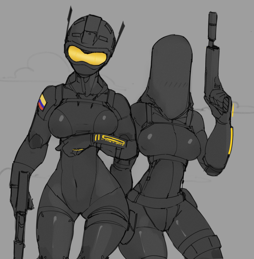 2females 2girls belly_button big_breasts bodysuit cleavage clothed clothing colombian colombian_female colombian_flag curvy female female_soldier firearm firearms flag gun handgun mask masked masked_female military nokk_(rainbow_six) rainbow_six rainbow_six_siege skintight_bodysuit soldier solis_(rainbow_six) special_forces spl4ts suppressor tactical_gear tight_clothing weapon yellow_visor