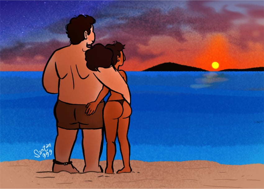 ass back_view barefoot beach bigger_male canon_couple chubby_male connie_maheswaran dark-skinned_female dark-skinned_male fat_man hand_on_ass hand_on_hip indian_female ponytail santan999 steven_quartz_universe steven_universe straight sunset thong wholesome