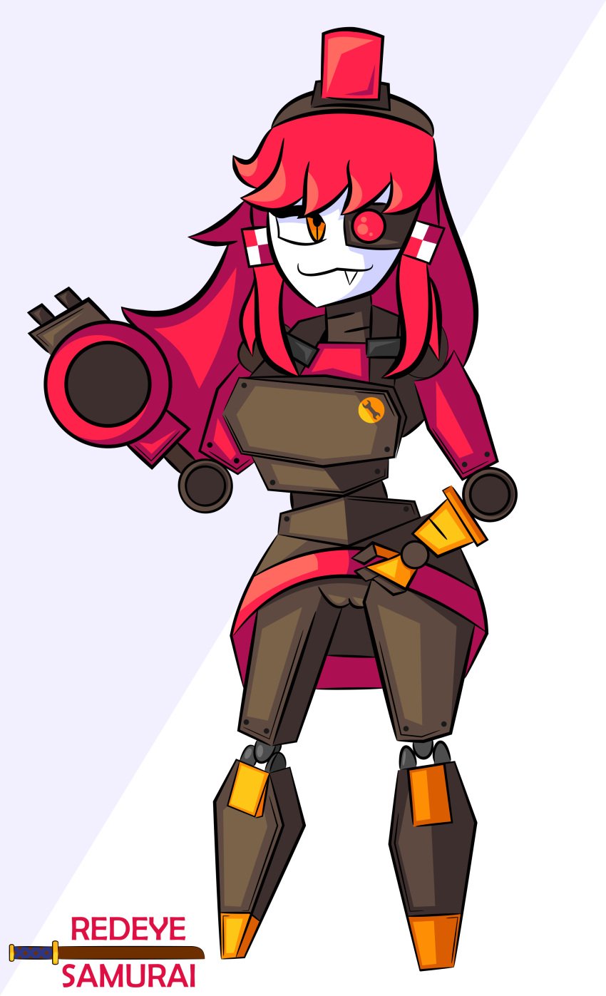 2d absurd_res black_body clothed clothing digital_media_(artwork) drawing female genitals hair hi_res humanoid machine mimi_sentry pussy red_hair redeye_samurai_(artist) robot robot_humanoid robotic_arm robotic_eye robotic_leg sentry_(team_fortress_2) sentry_turret signature simple_background skirt skirt_lift smile solo team_fortress_2 tf2 traditional_media_(artwork) valve valve_(company) weapon white_face