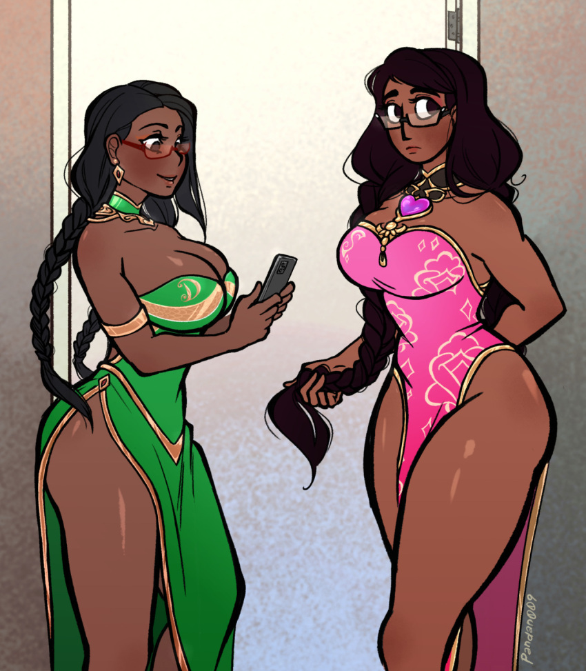 2girls big_breasts braid cleavage connie_maheswaran dark-skinned_female dark_hair dark_skin female female_only glasses indian_female jewelry long_hair pandan009 patricia_(steven_universe) phone santan999 skimpy_clothes standing steven_universe steven_universe_future thick_thighs thighs