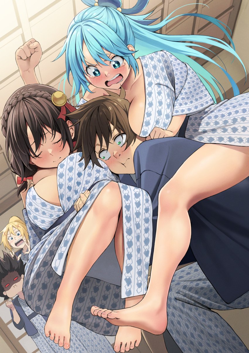 1boy 4girls :i :t anger_vein angry aqua_(konosuba) aqua_hair bare_legs barefoot bath_yukata blonde_hair braid breast_rest breasts breasts_on_head brown_hair carrying cleavage clenched_hands collarbone colored_sclera cuckquean darkness_(konosuba) feet floating_hair hair_ribbon highres indoors izawa_(bhive003) japanese_clothes kimono kono_subarashii_sekai_ni_shukufuku_wo! large_breasts long_hair looking_at_another megumin multiple_girls naked_kimono no_pupils o_o patterned_clothing piggyback princess_carry red_sclera ribbon satou_kazuma shaded_face straight tears toes very_long_hair wide-eyed yukata yunyun_(konosuba)