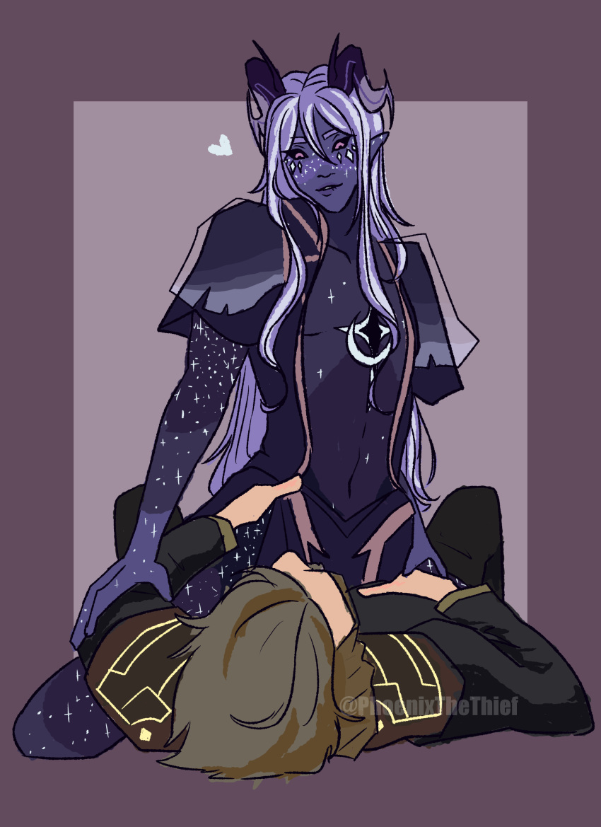 2boys aaravos black_sclera brown_hair clothed dark_blue_body dark_blue_skin duo elf gay heart horns light_hair male male/male male_only phoenixthethief_(artist) the_dragon_prince viren_(the_dragon_prince) yaoi