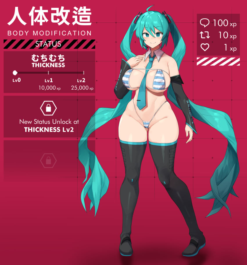 1girls big_breasts big_thighs bikini bikini_bottom bikini_top blue_eyes blue_hair body_modification growth_drive hand_on_breast hatsune_miku hatsune_miku_(collared_bikini) legwear long_hair micro_bikini microphone sinensian sleeves solo_female striped_bikini thighs tie twintails vocaloid