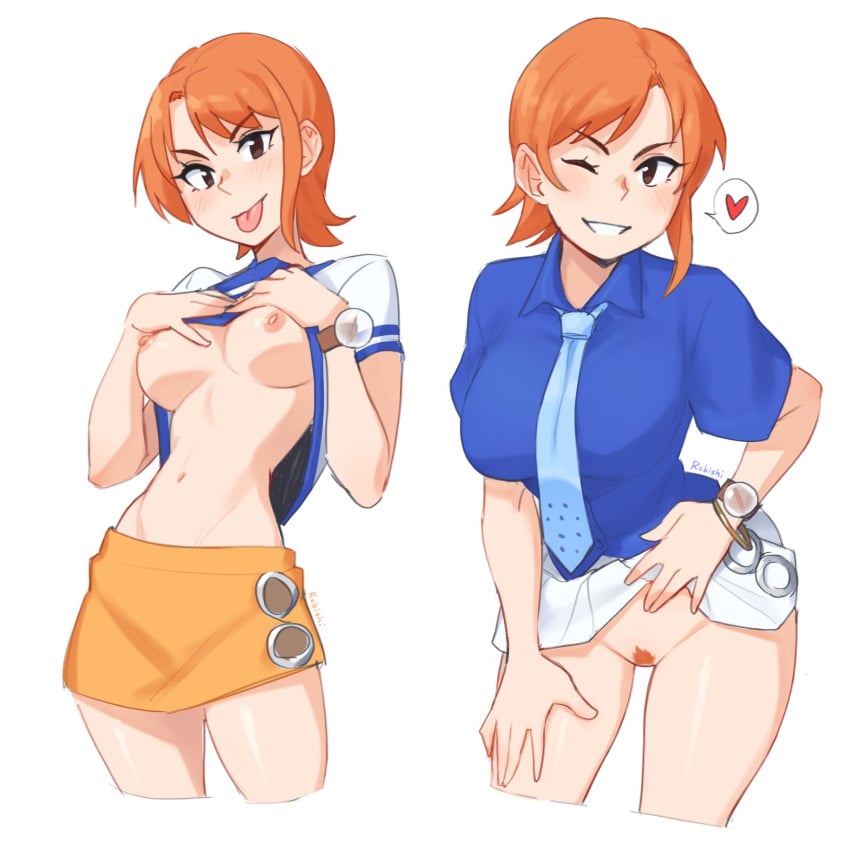 blue_shirt breasts clothes_lift cropped_legs female female_only female_pubic_hair freeblue_necktie going_commando grin heart highres large_breasts miniskirt nami nami_(one_piece) necktie nipples no_bra no_panties one_piece orange_hair orange_skirt pre-timeskip pubic_hair pussy rob_ishi shirt shirt_lift short_hair skirt smile spoken_heart teeth tongue tongue_out water_7