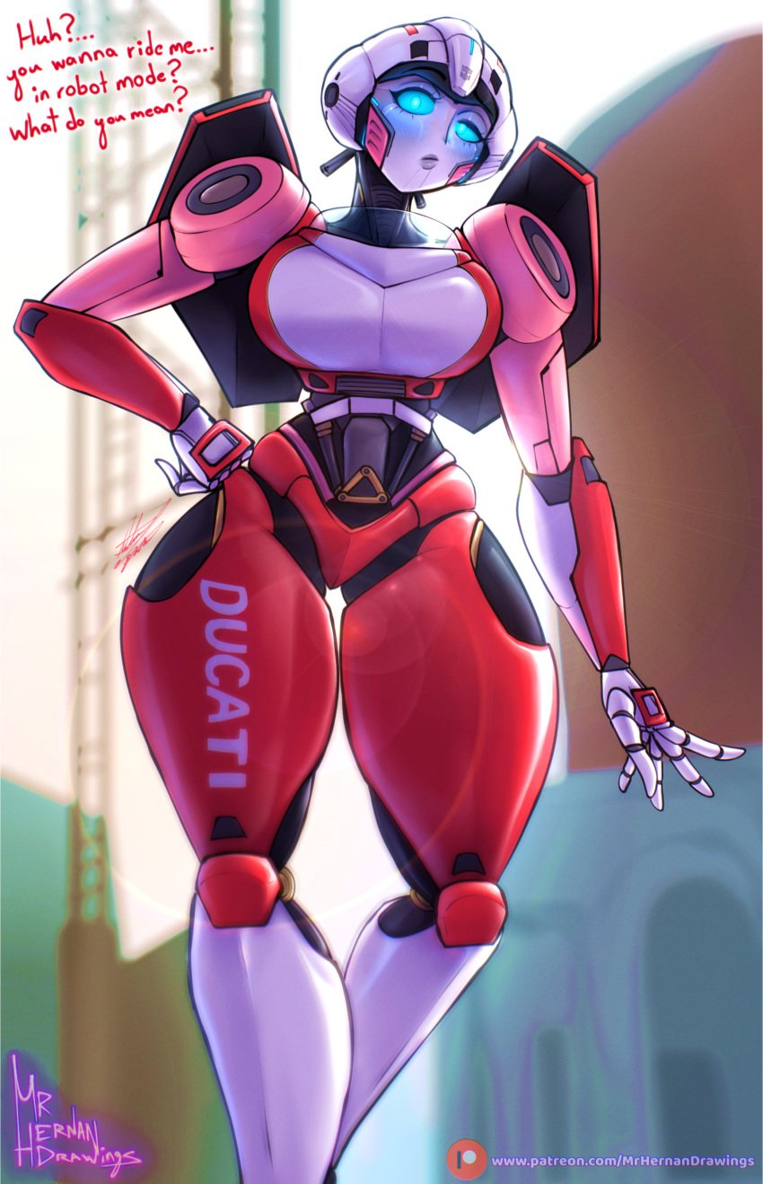 1girls 2d_(artwork) arcee arcee_(rotb) autobot autobot_insignia big_breasts blue_eyes curvy curvy_body curvy_female curvy_figure dialogue drawn english_text female female_autobots female_only hourglass_figure looking_at_viewer mrhernandrawings robot robot_girl slim_waist solo talking_to_viewer text thick_thighs thin_waist transformers transformers_rise_of_the_beasts wide_hips