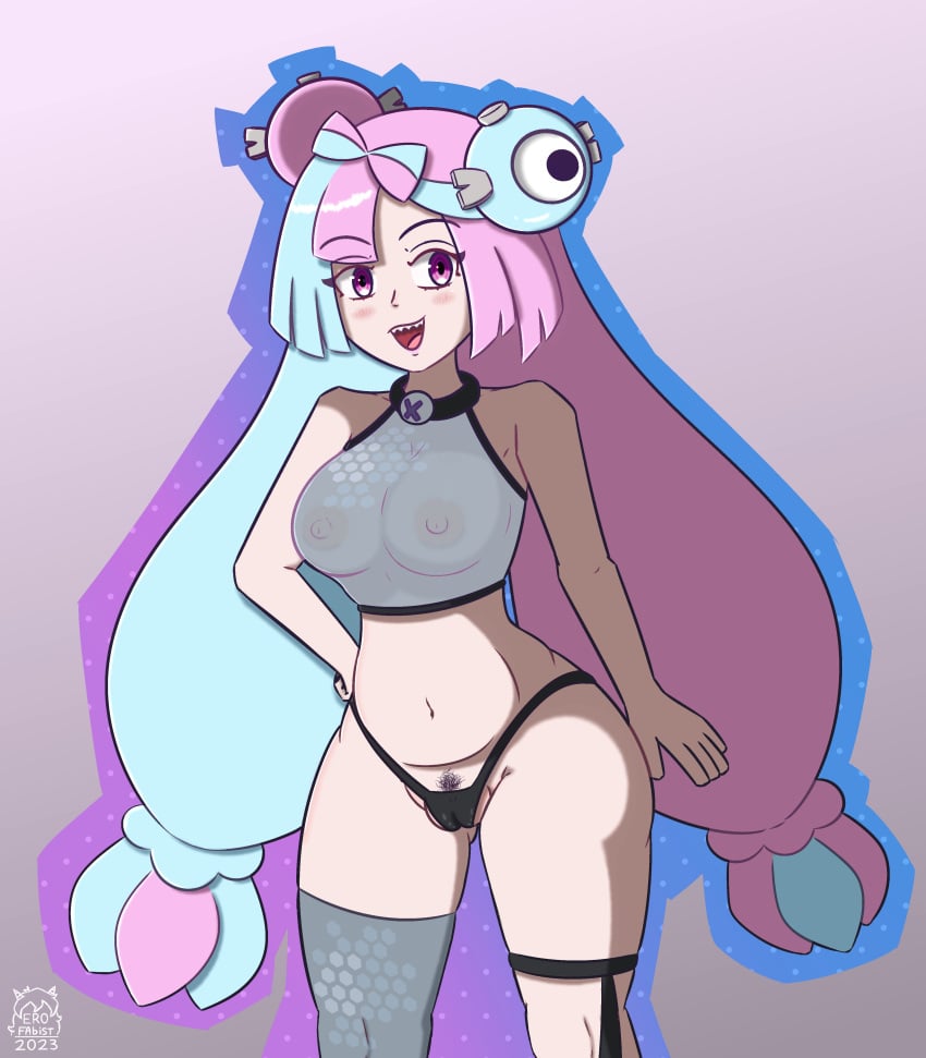 1girls absurd_res blue_hair bow-shaped_hair breasts camel_toe cameltoe covered_nipples erofabist female female_only game_freak hair_ornament hairy_pussy iono_(pokemon) long_hair multicolored_hair nanjamo_(pokemon) navel nintendo nipple_bulge nipples_visible_through_clothing open_mouth pink_eyes pink_hair pokemon pokemon_(game) pokemon_sv pubic_hair see-through_clothing see-through_top thighhighs topwear