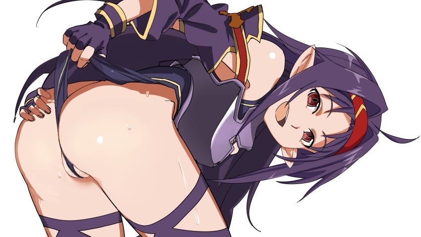 1girls ahoge armor ass bent_over cameltoe chestplate elf elf_ears female female_only fingerless_gloves gloves gold_trim hairband hands_on_own_ass happy hips konno_yuuki leg_straps legs leotard long_hair looking_at_viewer looking_back looking_back_at_viewer open-mouth_smile open_mouth pointed_ears pointy_ears presenting presenting_ass presenting_hindquarters purple_gloves purple_hair purple_leotard purple_straps red_eyes red_hairband self_wedgie shiny_hair shiny_skin simple_background smile smug_smile solo sweat sweatdrop sword_art_online teeth thighs tongue toranpo_rintarou white_background