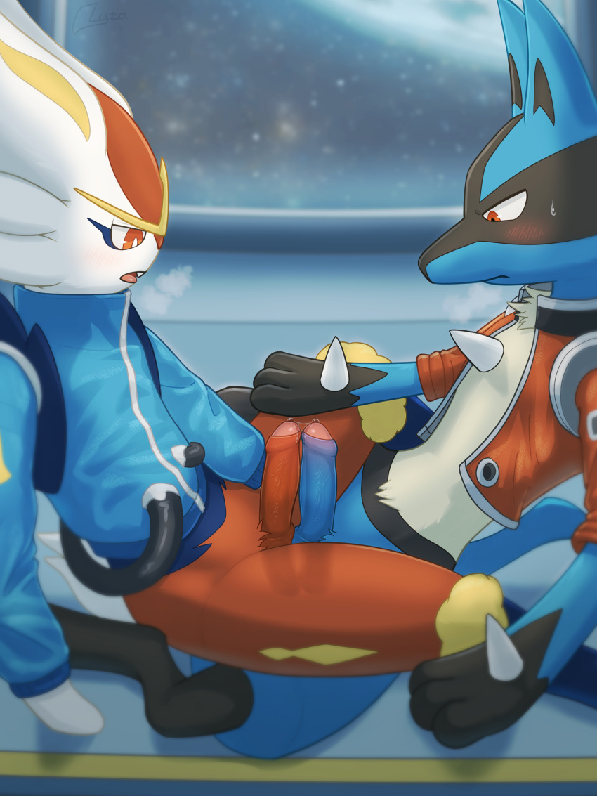 absurd_res anthro balls blue_body blue_fur blush bodily_fluids cinderace duo erection foreskin frottage fur gay generation_4_pokemon generation_8_pokemon genital_fluids genitals hi_res long_ears lucario luto_tori male male/male male_cinderace male_lucario male_only nintendo penis pokemon pokemon_(species) precum red_eyes science_fiction sex space white_body white_fur window