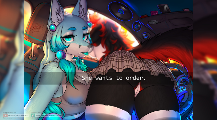 anthro bent_over black_body black_fur blue_body blue_eyes blue_fur bottomwear breasts camel_toe canid canine canis car cleavage clothed clothing crop_top duo female fur he_wants_to_order hi_res inner_ear_fluff inside_car legwear mammal meme nnecgrau panties selfie she_wants_to_order shirt sitting skirt stereo tail thigh_highs topwear tuft underwear vehicle white_body white_fur wolf