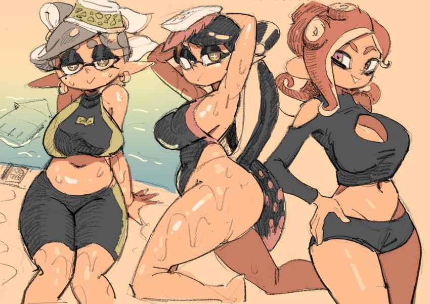 3girls agent_8_(splatoon) armpits arms_up barefoot bike_shorts black_hair black_mizugi black_swimsuit black_tentacles breasts callie_(splatoon) feet inkling light-skinned_female light_skin marie_(splatoon) multiple_girls octoling pink_hair pink_tentacles shorts soles splatoon splatoon_2 splatoon_3 sweat swimsuit tan_body white_hair white_tentacles yuta_agc